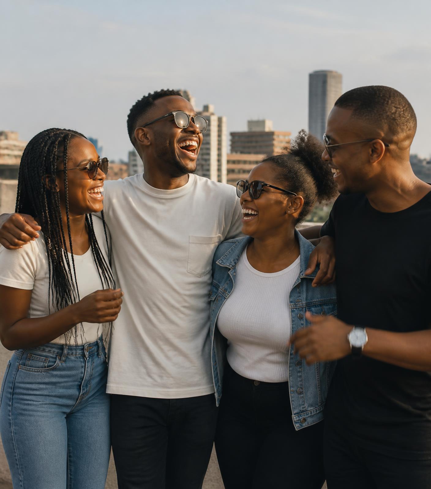 Four friends in Johannesburg laughing together